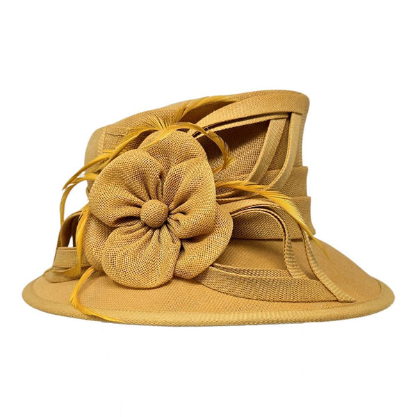 Flower Ribbon Feather Accented Sinamay Dressy Hat: Camel