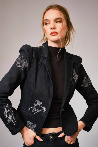 23567J - Stretch Denim Embroidered Western Blazer: BLACK / S