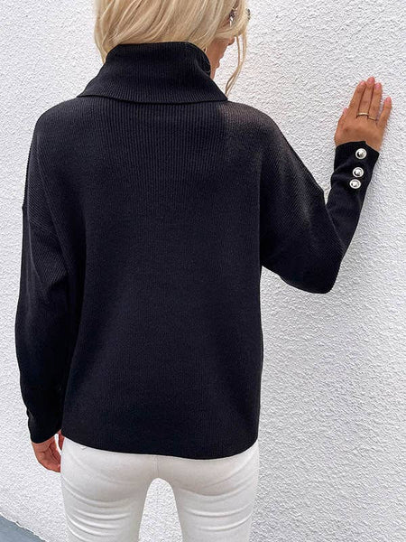 Casual Loose Solid Color High-Neck Long Sleeves Knitwear: WHITE / S