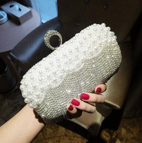 Elegant Pearl and Crystal Clutch L6130: Silver