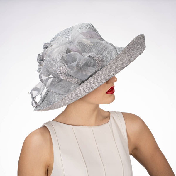 331744 Black Feather Bow Metallic Turn Up Hats: NAVY / Metallic