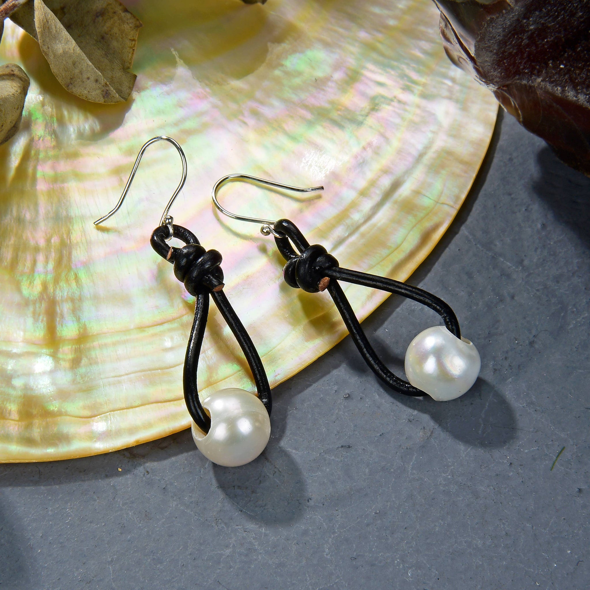 Fine Pearl Leather Hoop Earring