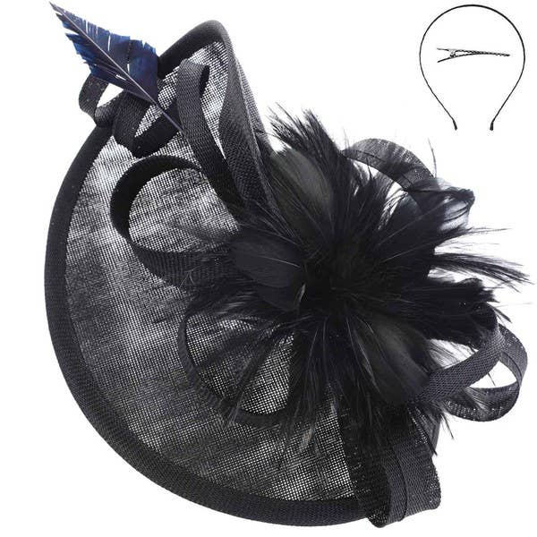 SINAMAY FEATHER FASCINATOR WITH HEADBAND AND CLIP HTH2699: Bk