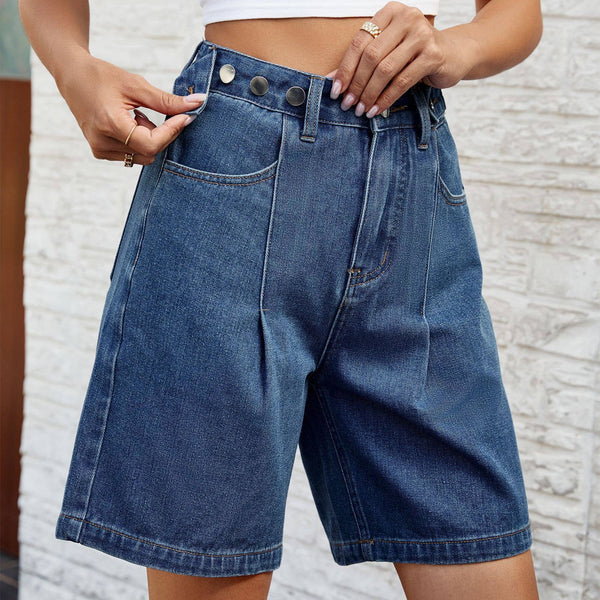 Denim High Waist Button Detail Shorts: Blue / S