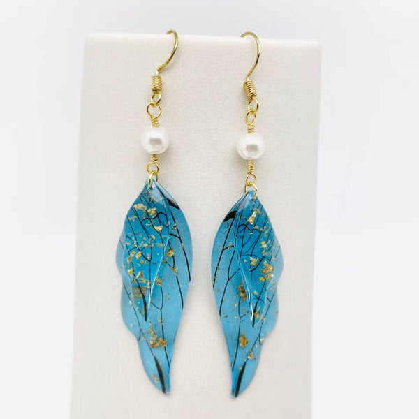 Colorful Double Butterfly Wings Dangle Earrings: Pearl-Light Blue