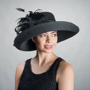 331744 Black Feather Bow Metallic Turn Up Hats: NAVY / Metallic