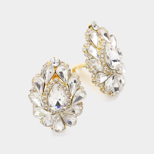 Teardrop Crystal Cluster Clip on Evening Earrings: Royal Blue