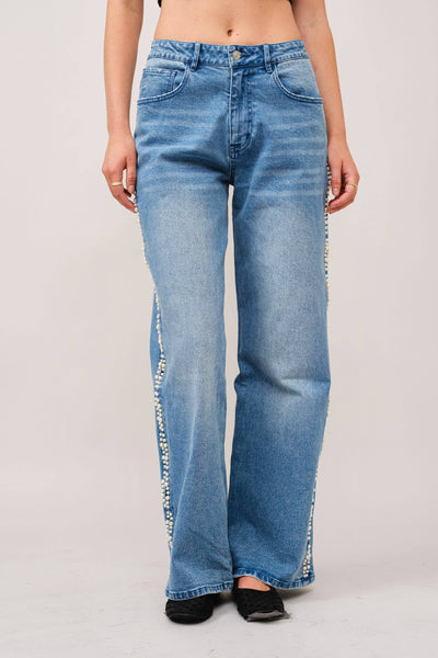 23423P - Pearl Embellished Cut Out Sides Jeans: MED WASH / M