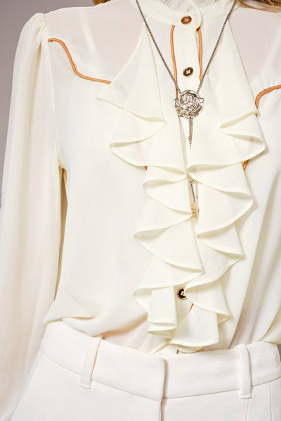 36872T - Chelsea Ruffle Front Button Up Blouse: CREAM / M