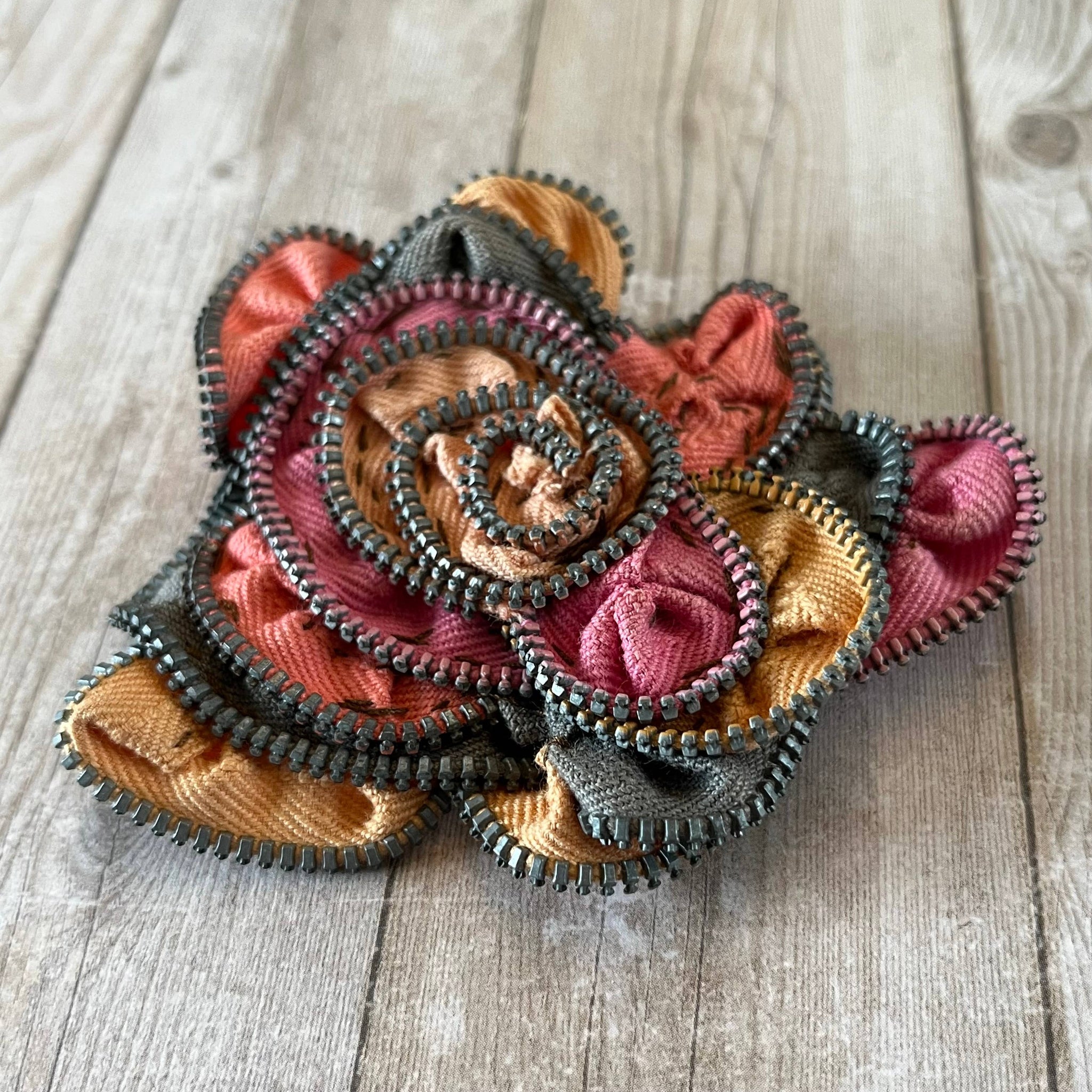 OOAK Vintage Zipper Flower Brooch Pink, Peach, Grey