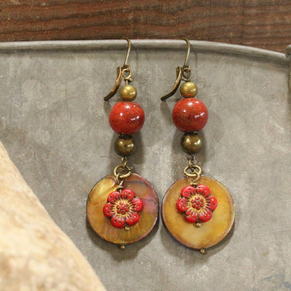 Red Czech Flower Stone Earrings
