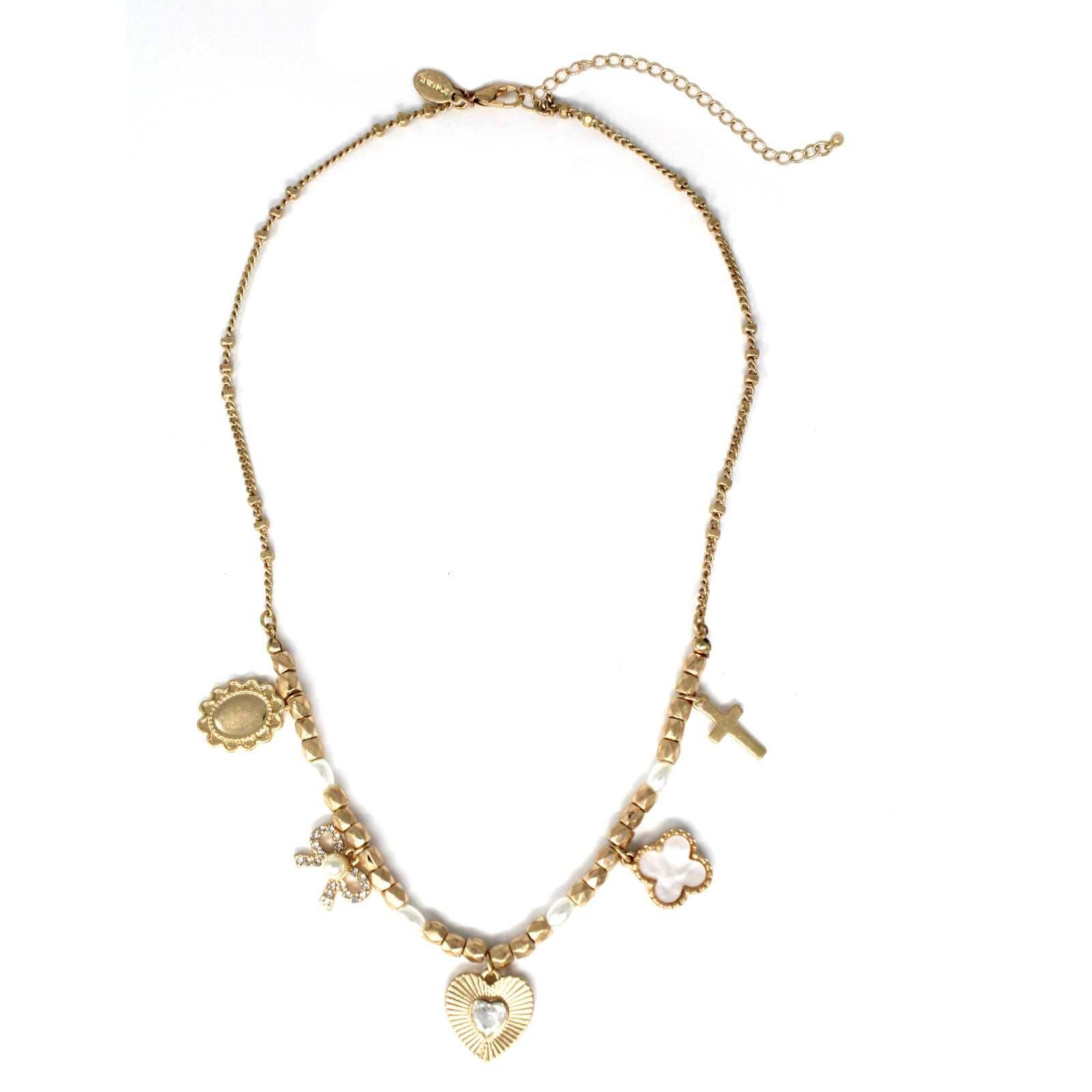 N25134 Clover/Bow/Heart/Cross Multi Charms Necklace : 01 WGCRPR