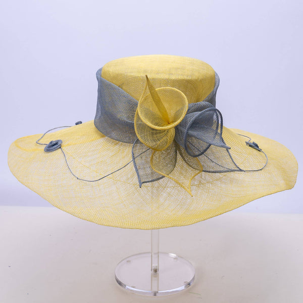 Two tone  Callalily Adorned Wide Soft Sinamay Hats | 117138: Yellow/Blue Ice