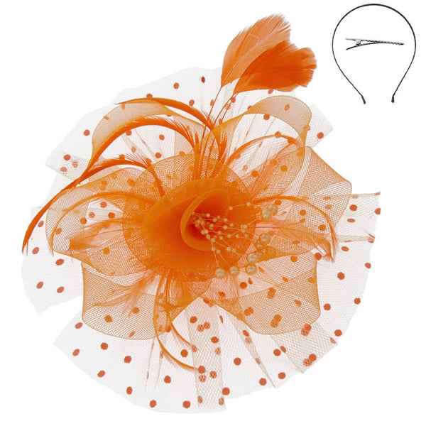 Organza Ribbon Flower Fascinator w/ Feathers & Dotted Mesh: White