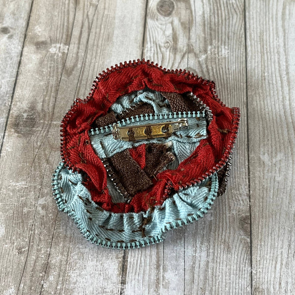 OOAK Vintage Zipper Flower Brooch Blue Rust Brown Cream