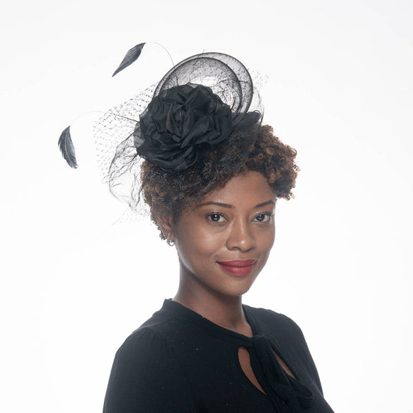 5830C Flower Adorned Crinoline Comb Fascinator Cocktail Hats: SILVER / Crinoline