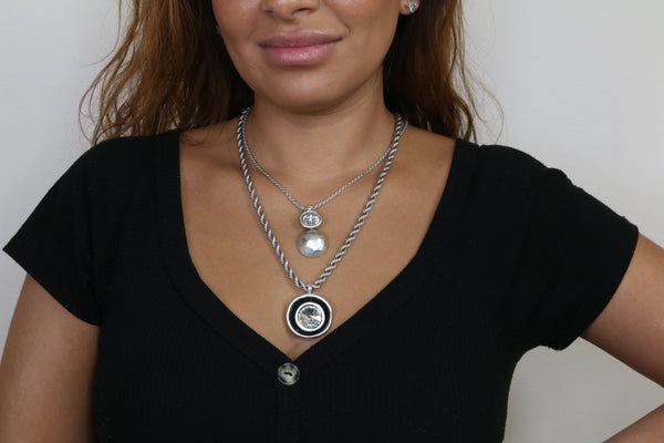 Double Strand Pewter Necklace with Gray Crystal