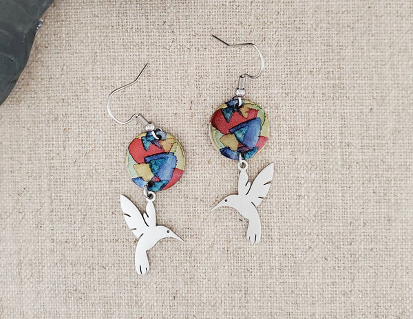 Alcohol Ink Stainless Steel Hummingbird Drop   Earrings: Pinks