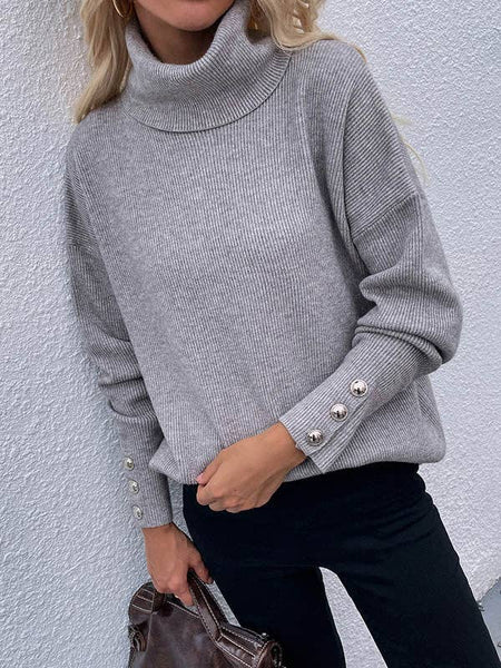 Casual Loose Solid Color High-Neck Long Sleeves Knitwear: WHITE / S