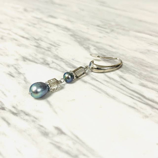 Gray Freshwater Pearl & Black Diamond Crystal on Silver