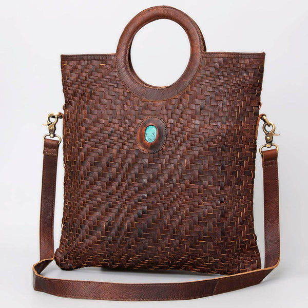 LC-ADBGM154 Handwoven Western Leather Tote Bag with Turquoise Stone Accent: ADBGM154
