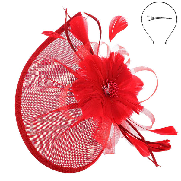 Beaded Pistil Feather Flower w/ Loops Mesh Fascinator: Burgundy