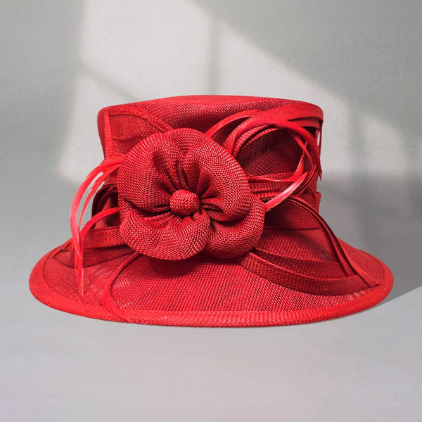 Flower Ribbon Feather Accented Sinamay Dressy Hat: Camel