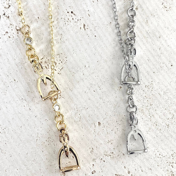 Equestrian jewelry  Y style horse bit stirrup necklace : Silver