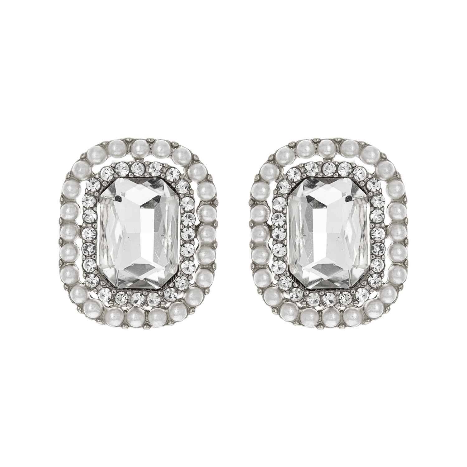 Crystal Double Halo Rectangular Stud Earrings