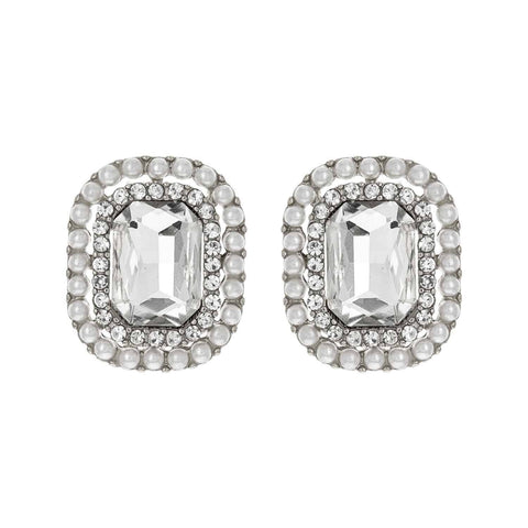 Crystal Double Halo Rectangular Stud Earrings
