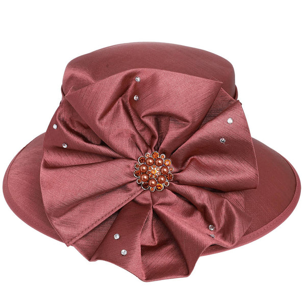 Floral Down Brim Brooch Accent Dressy Braid Hat: Burgundy