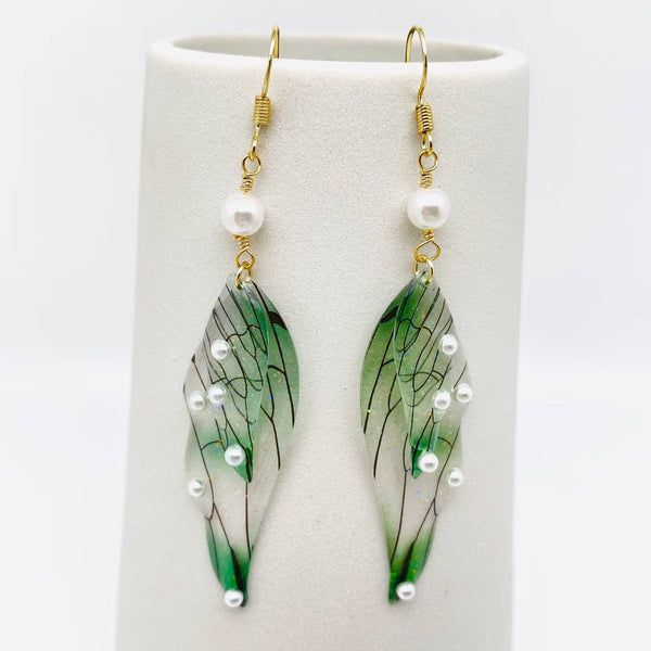 Colorful Double Butterfly Wings Dangle Earrings: Pearl-Light Blue