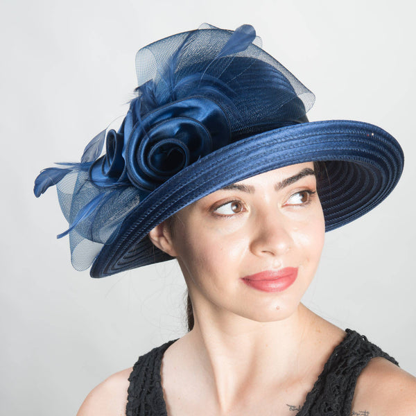 Satin Ribbon Kettle brim with flower embellishment: Bronze