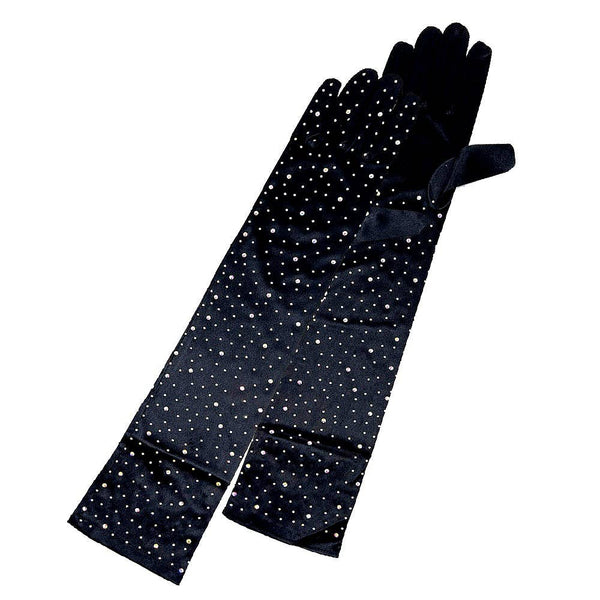 Solid Satin Rhinestone Over Elbow Length Gloves: Black