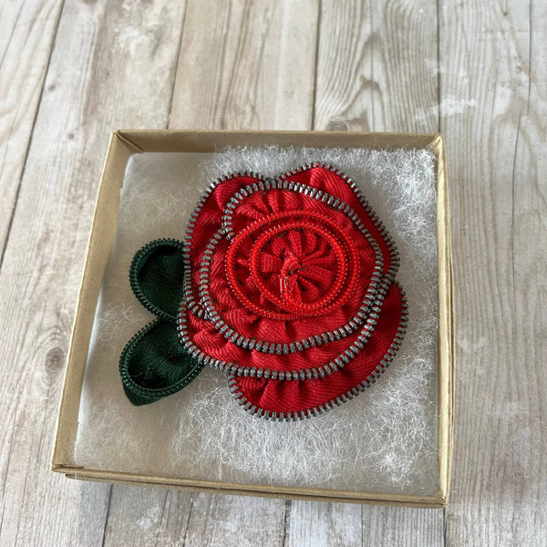 OOAK Vintage Zipper Flower Brooch Red Rose