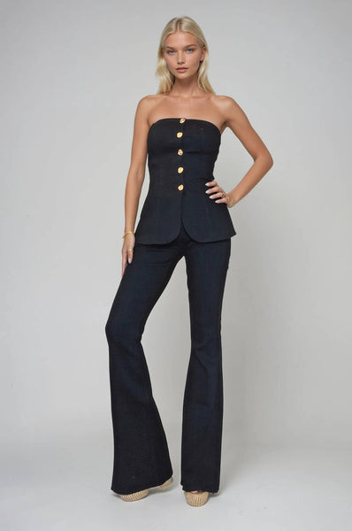 STRAPLESS GOLD BUTTON DENIM PEPLUM TOP W1515TIA MID DEN
: MID DENIM / L
