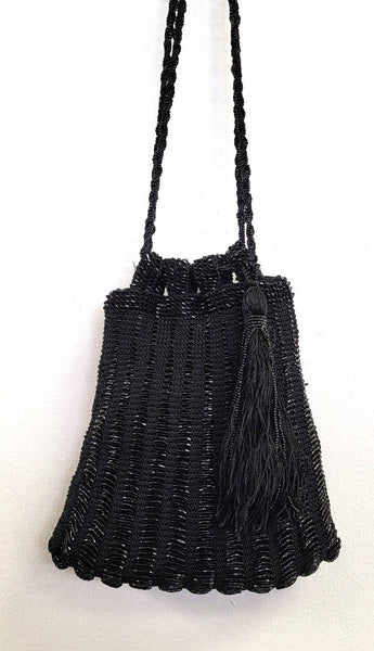 CROCHET VICTORIAN BEADED TASSEL BAG: Silver