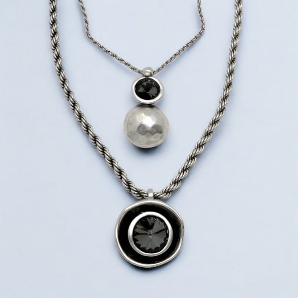 Double Strand Pewter Necklace with Gray Crystal