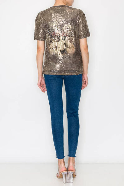 LINED ALL SEQUIN SHORT SLEEVE TOP-4638 GOLD/RODEO: Rodeo / L