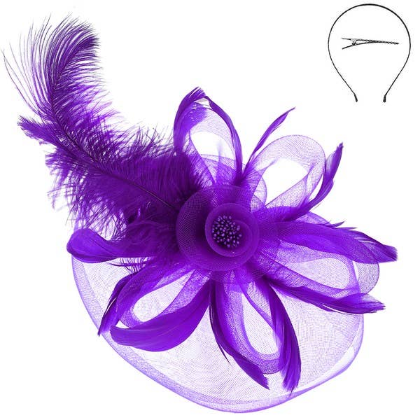 DERBY PEACOCK FEATHER ROSE FASCINATOR HEADBAND HTH2683: Gy