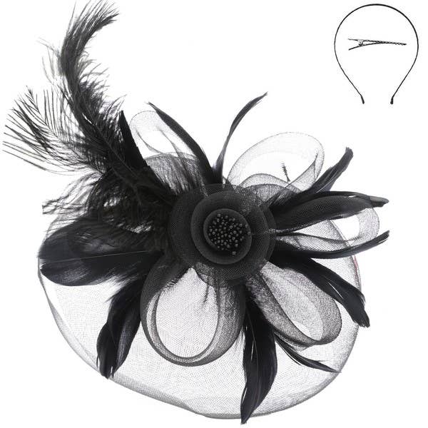 DERBY PEACOCK FEATHER ROSE FASCINATOR HEADBAND HTH2683: Gy