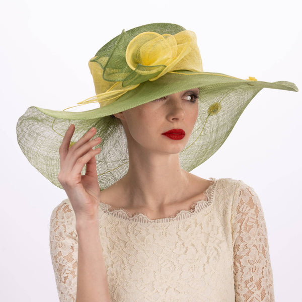 Two tone  Callalily Adorned Wide Soft Sinamay Hats | 117138: Yellow/Blue Ice