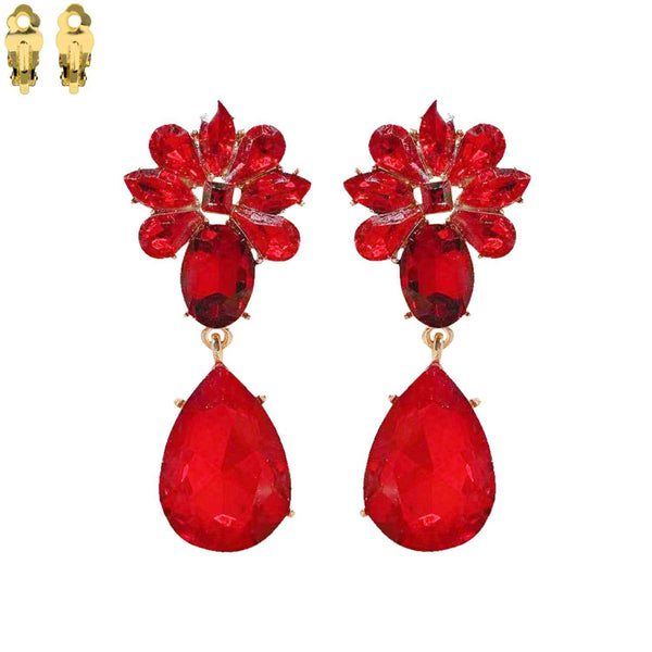 Stone Cluster Teardrop Clip - On Earrings: Crystal