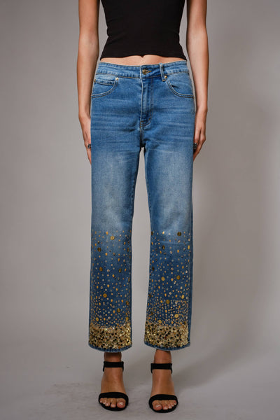 91499P - Gold Sequin Straight Leg Jeans: MED WASH / S