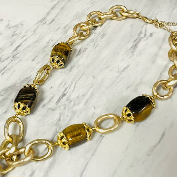 Large Stone Pendant Drop with Stone & Gold Hammered Links: Tiger's Eye