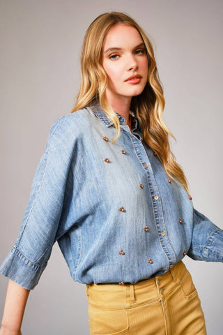 36901T - Hi-Low Pearl Embellished Chambray Top: MED WASH / M