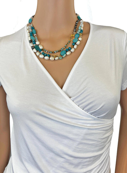 Beaded Hand Knotted 3-Strand Turquoise Necklace