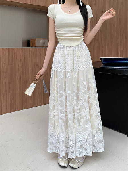 Elegant Lace Maxi Skirt with Layered Design SK201: White