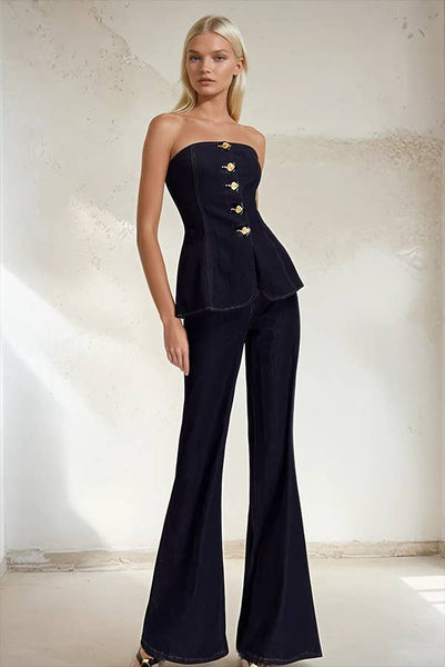 STRAPLESS GOLD BUTTON DENIM PEPLUM TOP W1515TIA MID DEN
: MID DENIM / M