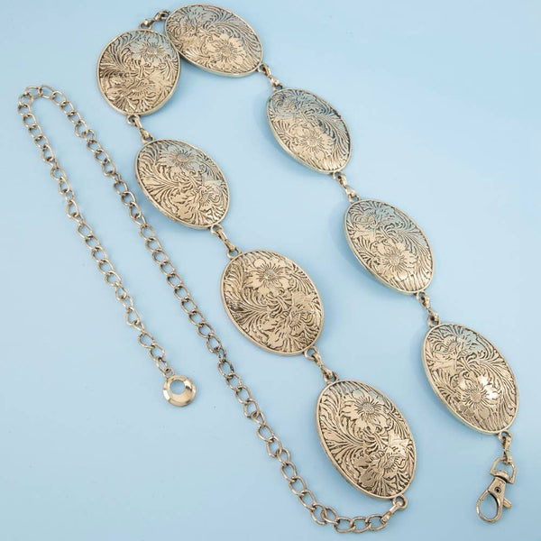 Flower Engraved Oval Concho Chain Belt: G